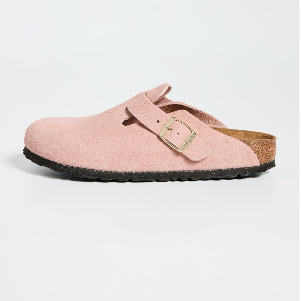 Pink suede Birkenstock Boston clogs